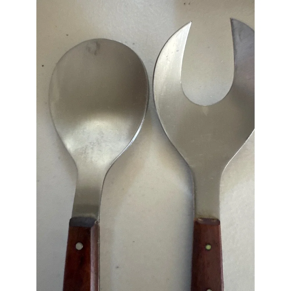 Vintage MCM Stainless Steel Salad Servers Long Wood Handles Japan 13.25 Inch